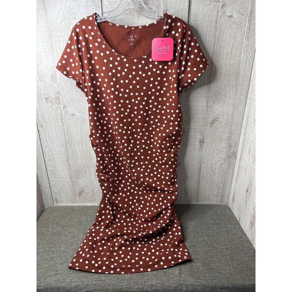 Isabel Maternity Rust Brown White Polka Dot Ruched Dress Midi L Summer Beach - Picture 1 of 7